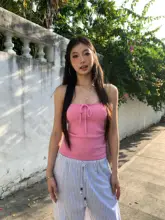 春夏用ストライプのワイドパンツ【ビーチリゾート・ストリングビーズデザイン】（セットアップ対応）