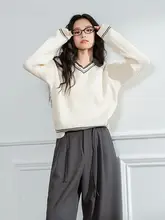 LAGOGO Vネックバイカラーストライプ落肩ニットトップス【女性用・NCMM439G76】