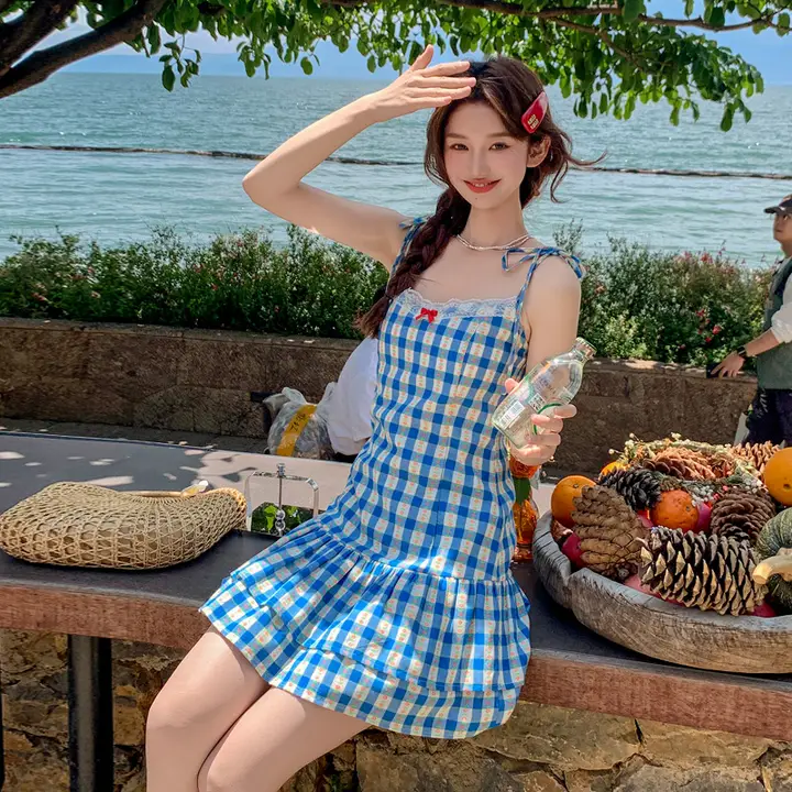 フラワープリントレース切替キャミソールミニドレス【爽やかなブルー・夏用・チェック柄】（セットアップ対応）