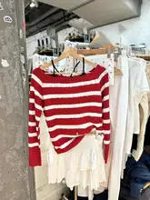 BM フランス風クリスマスレッドストライプニットセーター【ツイスト模様・オフショルダー・女性用】