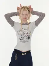 春秋にぴったり！ウサギプリントドット柄長袖Tシャツ【グレー調・デザイン性・重ね着風】（セットアップ対応）