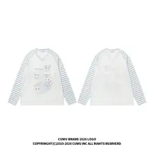 猫デザインのストライプ長袖Tシャツ【Vネック・春夏用・ユニセックス・フィット】