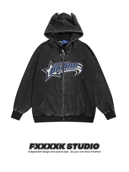 アメリカンヴィンテージ風 ウォッシュ加工のフード付きカップル用パーカー【秋用・重工デザイン・男女兼用】