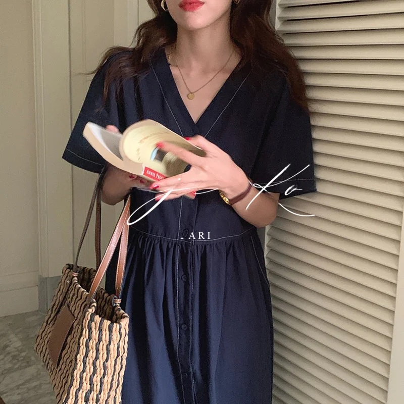 中長丈ドレス 夏 夏の フランス風 エレガント Vネック ボタン付き 明線デザイン ゆったり ショートスリーブ