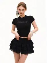 レトロ風クリスタル付きフィット感のある半袖Tシャツ【女性用・クロップド丈・夏用】