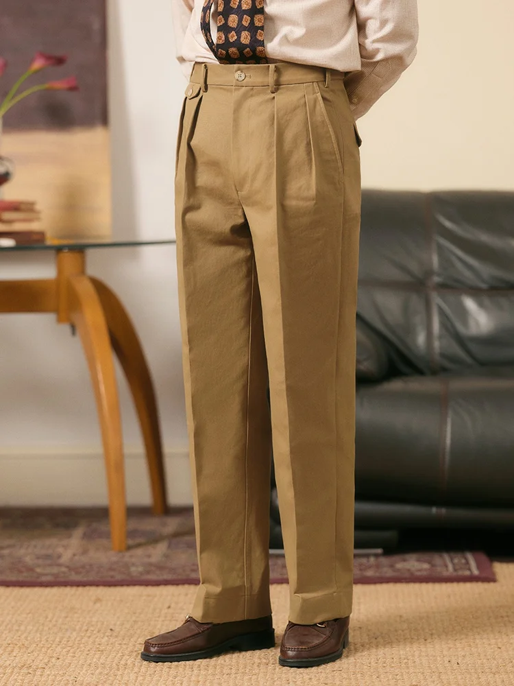 高腰ツータックチノパンツ：秋冬季のカジュアルスタイルに最適な厚手棉布パンツ