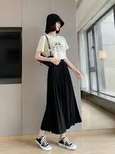 エレガントな黒のロングプリーツスカート【夏用・高腰・Aライン・ウエストゴム】