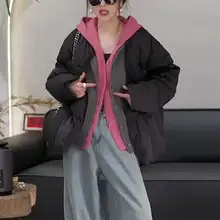 デザイン性のあるカラーブロック長袖フード付きニットセーター【女性用・カジュアル・重ね着スタイル】