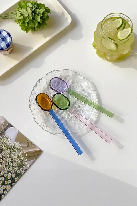 レトロデザインのカラフルな高硼珪酸ガラスの混ぜるスプーン【デザート用・インスタ風】