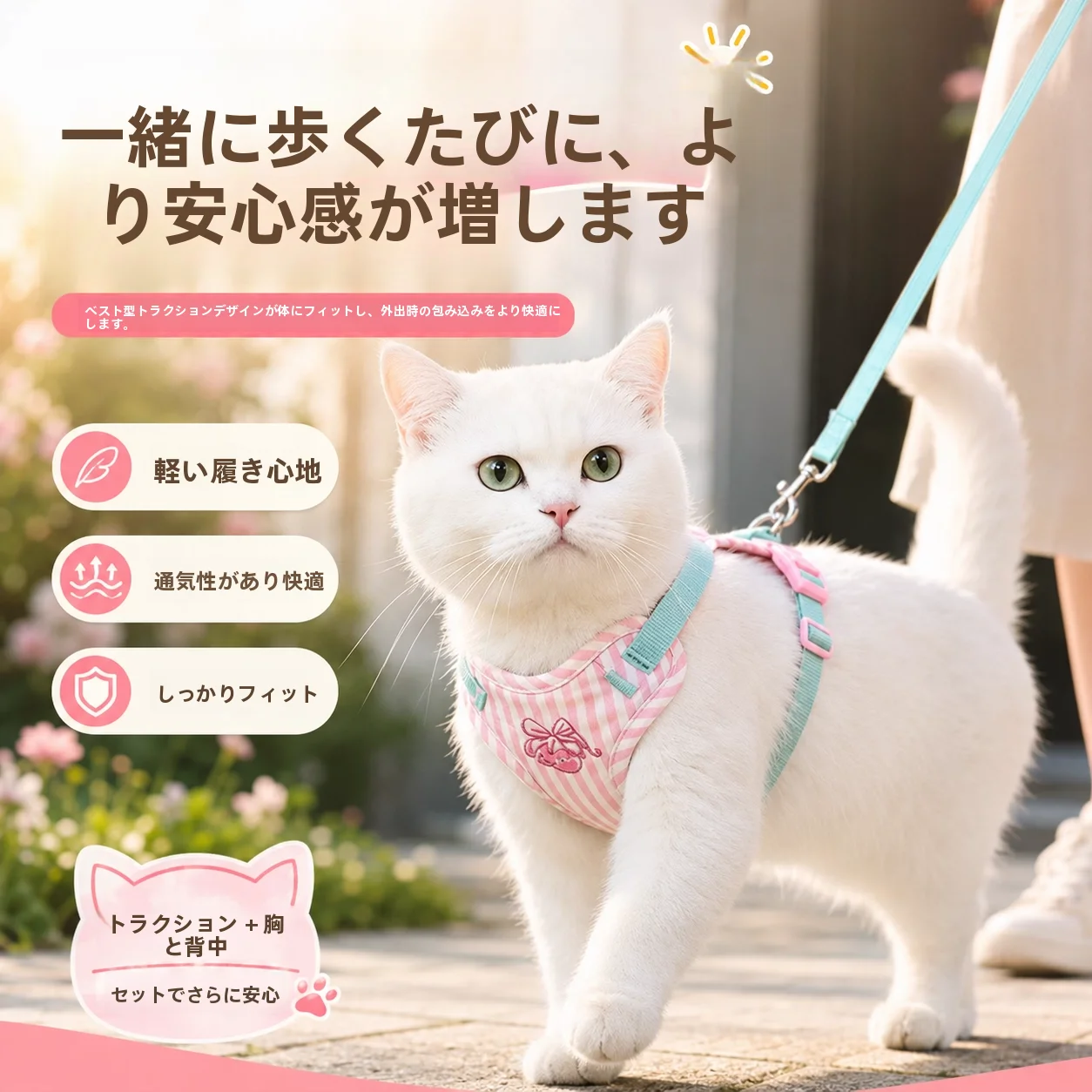 可愛いチェリー柄キャットハーネス：脱出防止と散歩時の胸部スタイルを実現