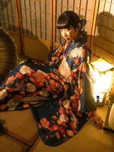 改良型振袖着物【藍色の梅花柄・暗い模様・和風デザイン】（セットアップ対応）