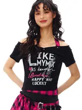 ファッショナブルなプリントとチェック柄の短袖Tシャツ【女性用・タイトフィット】