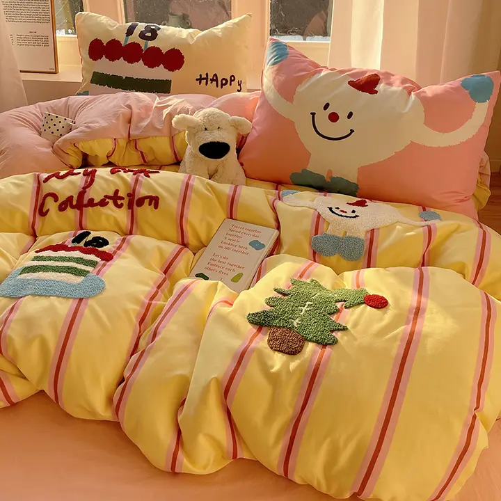 かわいいデザイン！水洗い可能なコットンタオルと刺繍入りベッド用品【ベッドカバー・シングル用・女性向け】【セットアップ対応】