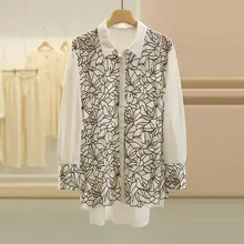 麦刺繍の花柄通勤用ゆったりシャツ【スリムシルエット】