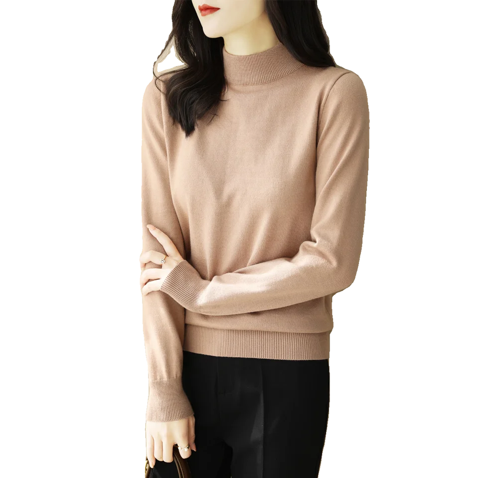女性用 ハイネック長袖ニットトップス【秋冬用・フィット・フランス風】