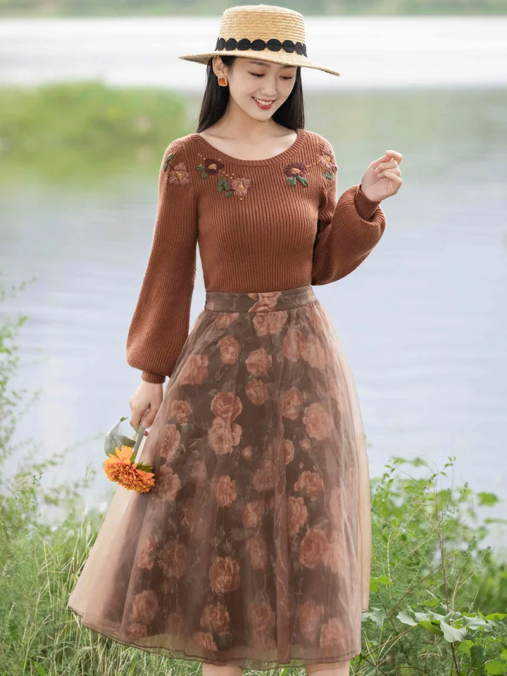 小柄女性向けニットデザインのセーターとスカート【秋季新作・極上の柔らかさ】（セットアップ対応）