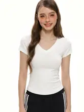 Vネック短袖Tシャツ【女性用・無地・ウエスト絞り・夏用】