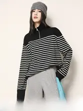 オーストラリアウールのストライプニットセーター【半開襟・冬用・保温性・高級感】