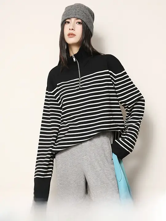 オーストラリアウールのストライプニットセーター【半開襟・冬用・保温性・高級感】