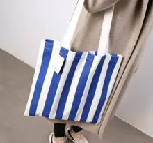 ストライプデザインのキャンバスショッピングバッグ【シンプルで清新・トート型・女性用】