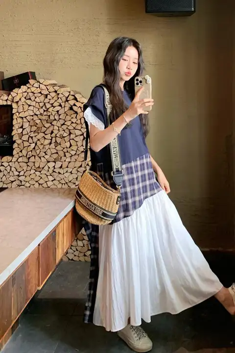 レース切り替えチェック柄ワンピース【フランス風・Aライン・デザイン性あり】（セットアップ対応）