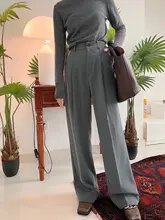 猫境 グレーウールハイウエストストレートパンツ【秋冬用・フィット・シンプルデザイン】