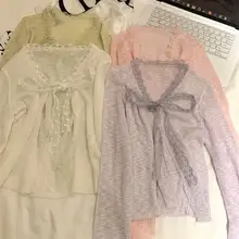 ピンクのニットカーディガン【レースデザイン・リボン付き・薄手・日焼け対策】