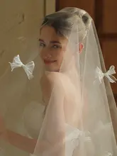 シンプルな白のリボン付きウェディングベール【結婚証明・撮影用】