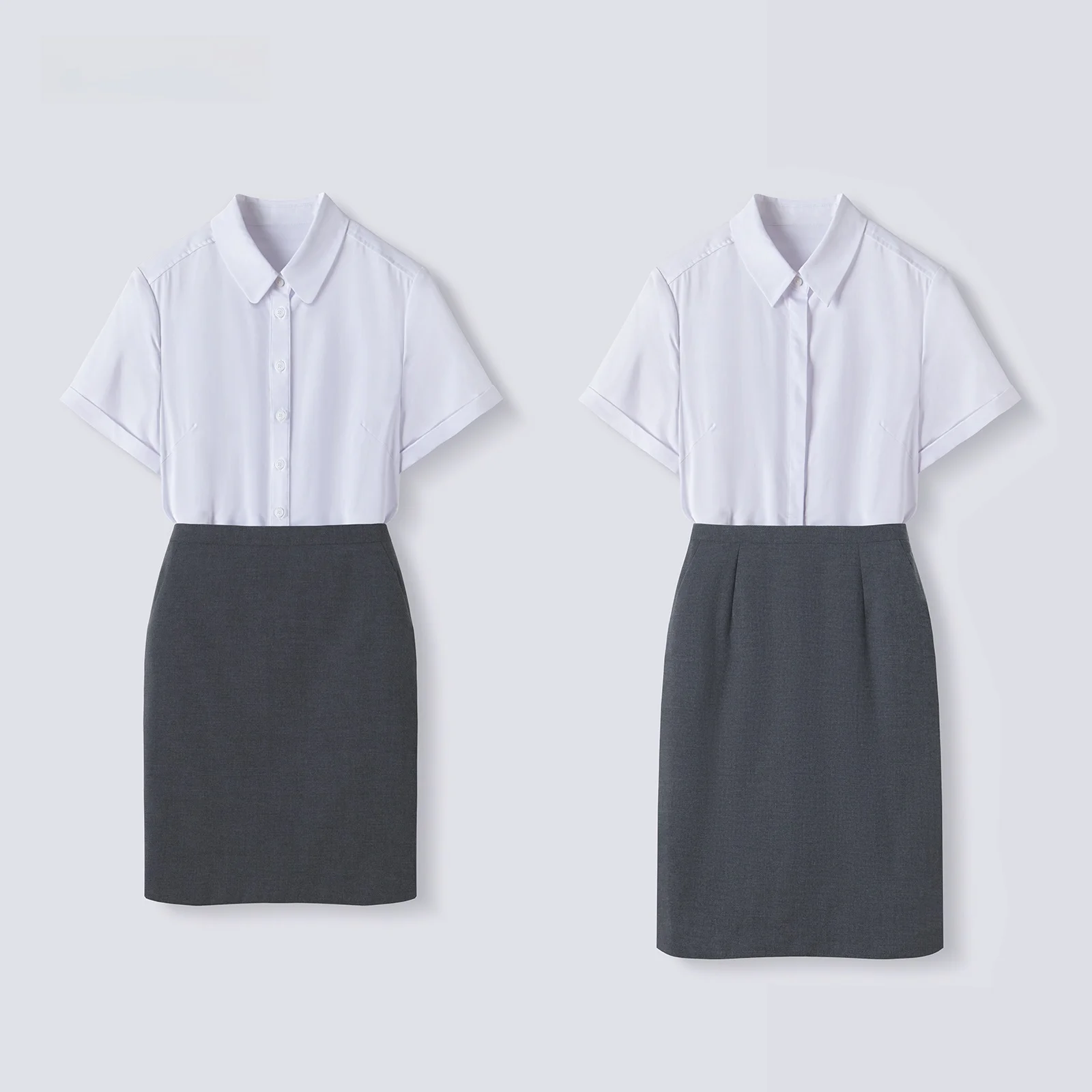 40代研修にふさわしい女性の服装：ブルーの職業用ブラウス【夏用・短袖・スリムフィット】