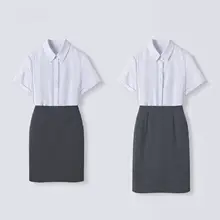 ブルーの職業用ブラウス【夏用・短袖・スリムフィット・大学生向け】（セットアップ対応）