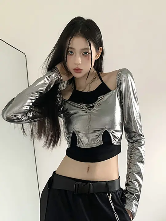ジャズダンス衣装【シルバー・女性用・K-POPスタイル・音楽フェス対応】（セットアップ対応）