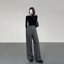 高腰ワイドパンツ【落ち感のあるグレー・フィット・ストレート】（セットアップ対応）