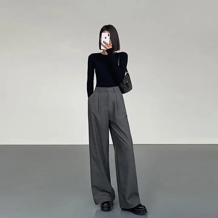 高腰ワイドパンツ【落ち感のあるグレー・フィット・ストレート】（セットアップ対応）