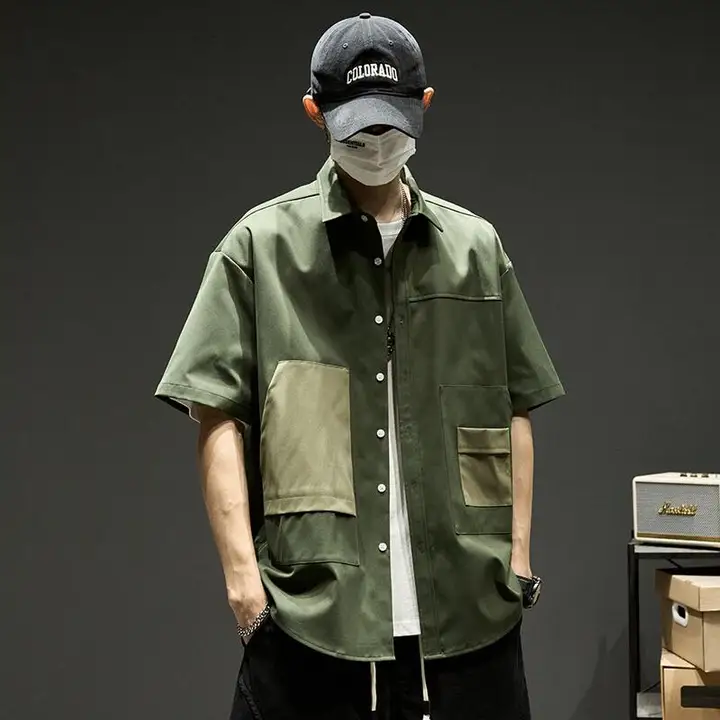 黒の半袖シャツ【シンプルデザイン・多ポケット・工装スタイル・薄手】