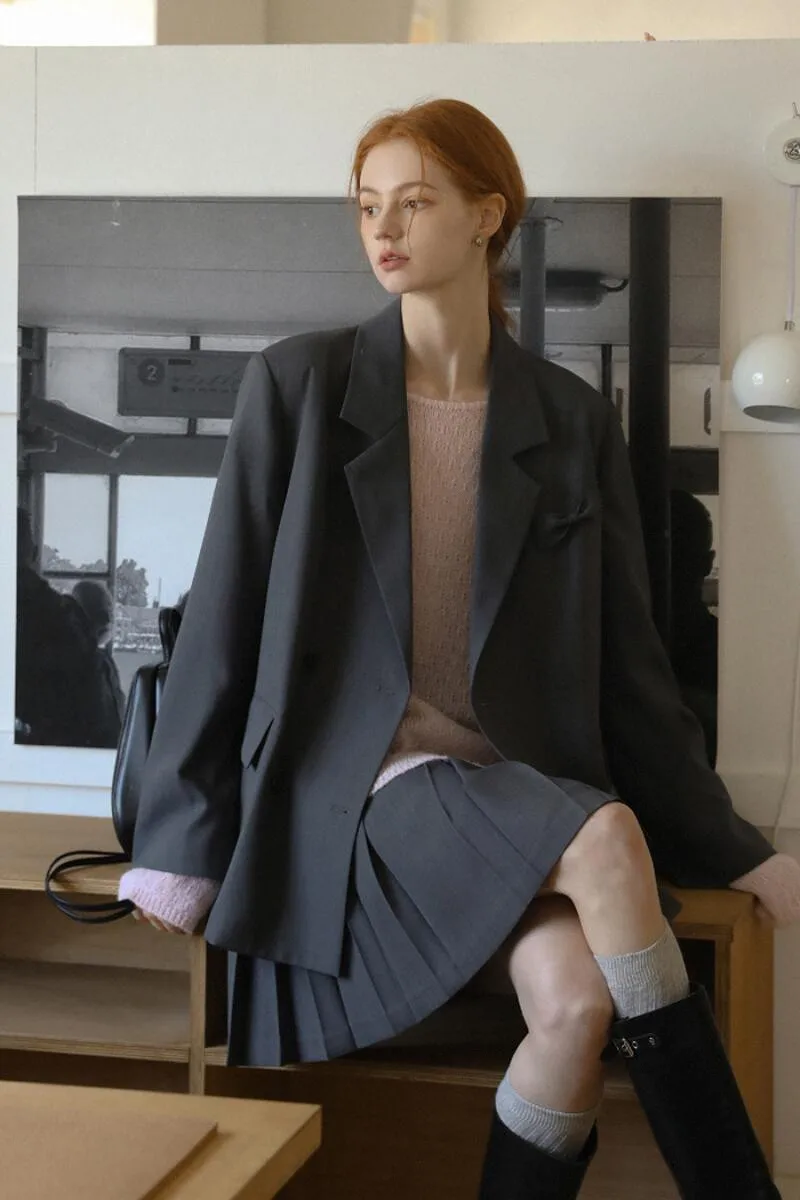 通勤用 蝶グレーのワイドフィットスーツジャケット【春用・ミディスカート付き・女性用】（セットアップ対応）