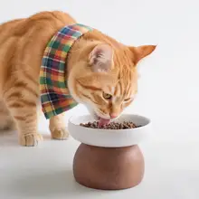 猫用陶器食器【高さ調整可能・実木ベース・防倒れ設計】