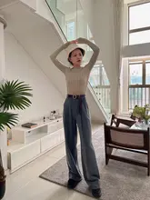 猫境 グレーウールハイウエストストレートパンツ【秋冬用・フィット・シンプルデザイン】