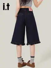 デニムハーフパンツ レディース フリルデザイン インディゴ ハイウエスト ワイド ルーズ 「it:CHOCOOLATE」