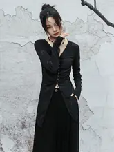 レトロなVネック黒ニットカーディガン【フィット感あるデザイン・皺加工付き・春季用】