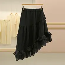立体花柄デザインの不規則Aラインスカート【フリル付き・秋用】