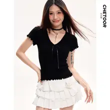 リボン付きフリルデザイン レディース夏用スリムフィットVネックTシャツ【薄手・短袖】