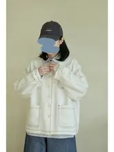 デザイン性のある明線入り丸首コート【リネン混・長袖・日本風】