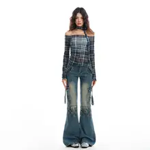 ヴィンテージチェックのオフショルダー長袖Tシャツ【秋用・透け感あり・スリムフィット】（セットアップ対応）