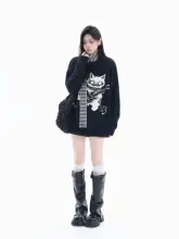 セーター ユニセックス ペア モックネック バイカラー ギター柄 猫柄 遊び心 ルーズ 秋物