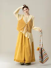 黄色のニットキャミソール【不規則なフリルデザイン・涼しげ・春用・クールコーデ】（セットアップ対応）