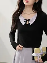 バイカラー蝶結びデザインの黒いボックスTシャツ【長袖・ダークカラー・女性用】