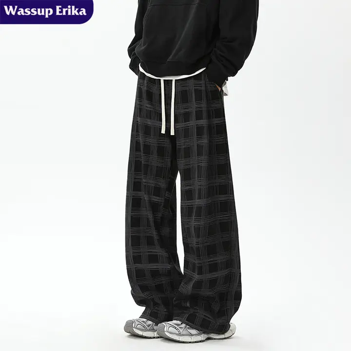カジュアルチェック柄 メンズワイドレッグパンツ【夏用・レトロデザイン】