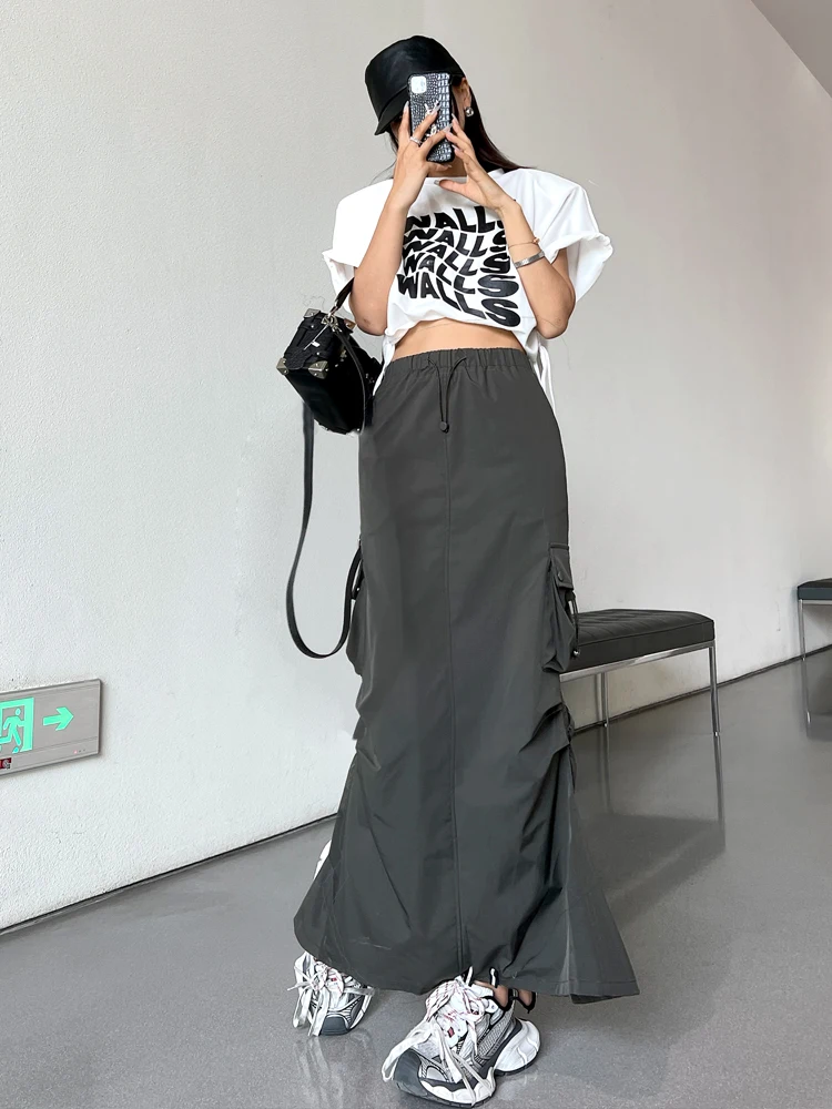 アメリカンスタイルのドローストリングフィッシュテールミディスカート【夏用・Aライン・サイドスリット】 大人可愛い服 50代コーデにぴったり