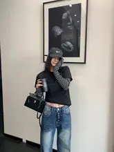 春季アメリカンビンテージ風シースルー重ね着デザインの長袖Tシャツ【女性用・フィット感あり・短丈】（セットアップ対応）