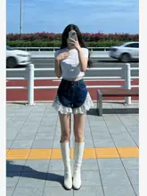 レースフリル付きハイウエストデニムショートパンツ【夏用・マッチ】【セットアップ対応】